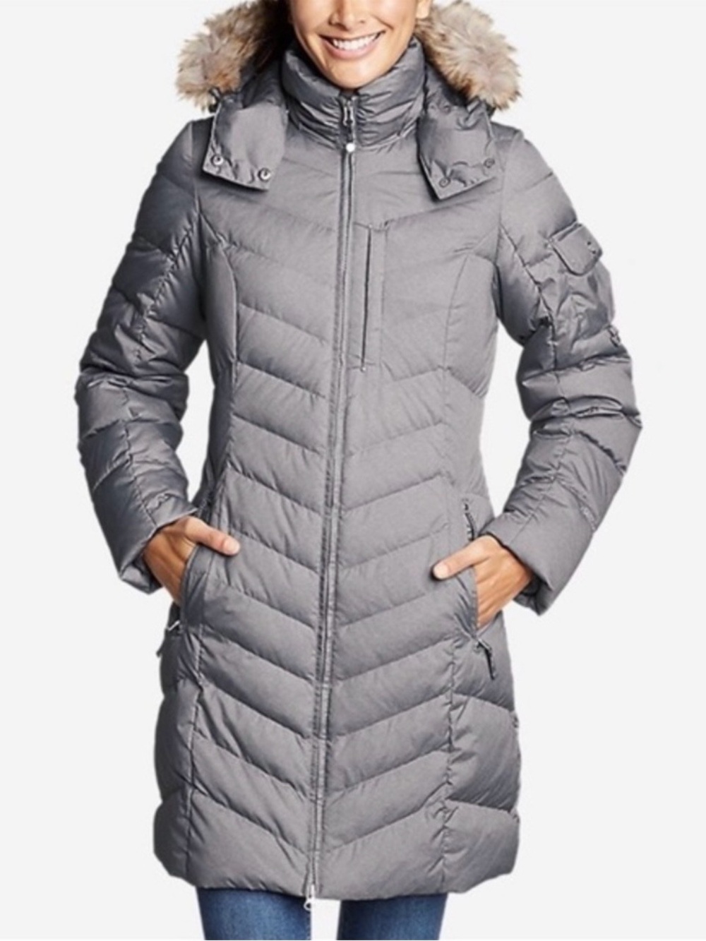 Eddie Bauer Sun Valley Down Parka Silver/Gray Faux Fur Hood Womens Women’s Long